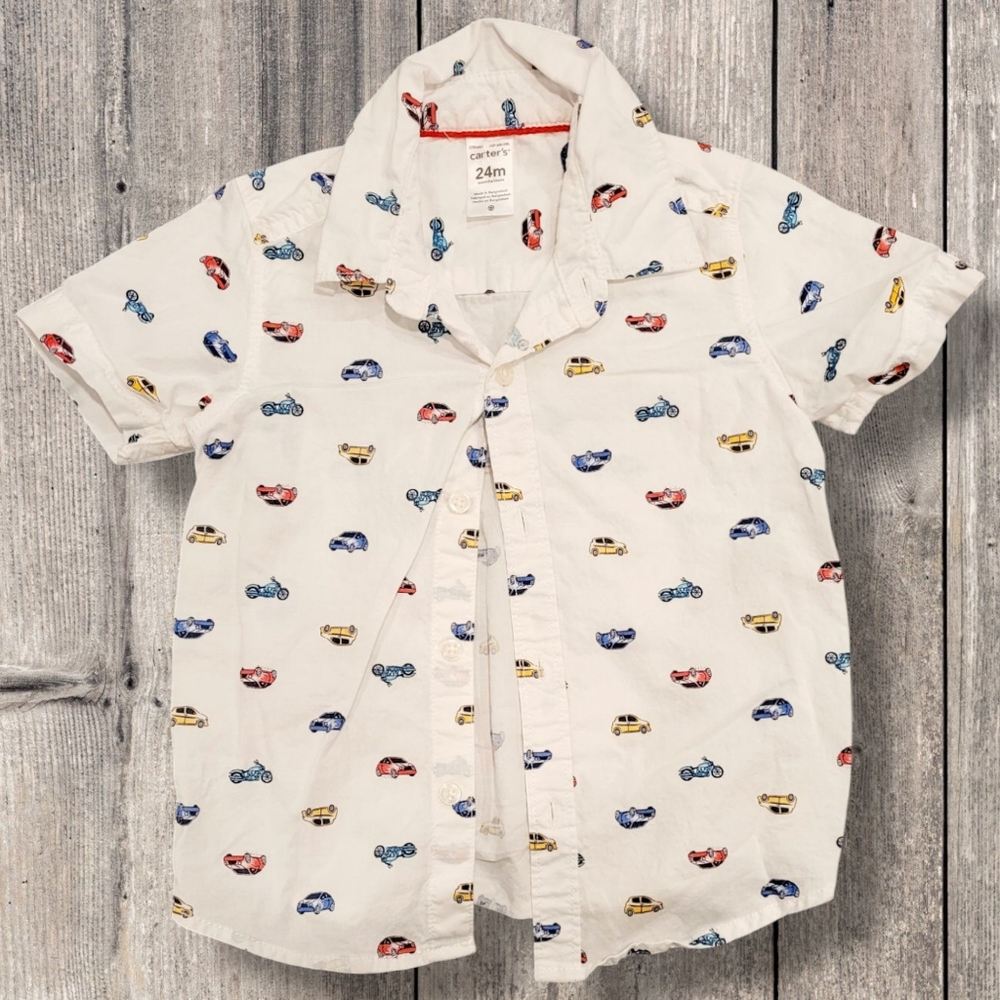 Carter's Kids 24M White Cars Pattern Short Sleeve Button Down Shirt